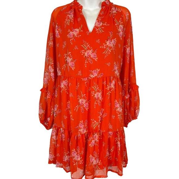 Vince Camuto Womens Orange Fairy Floral Lined Long Sheer Sleeve Dress Boho sz M - Picture 1 of 16